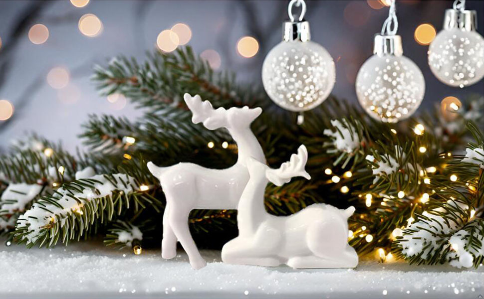 dropship from factory porcelain christmas reindeer figurines, pack 2 mini animal reindeer decor deer statues sculpture tabletop ornaments for cabinet mantel shelves fireplace home décor accents collectible figurines mass production supply