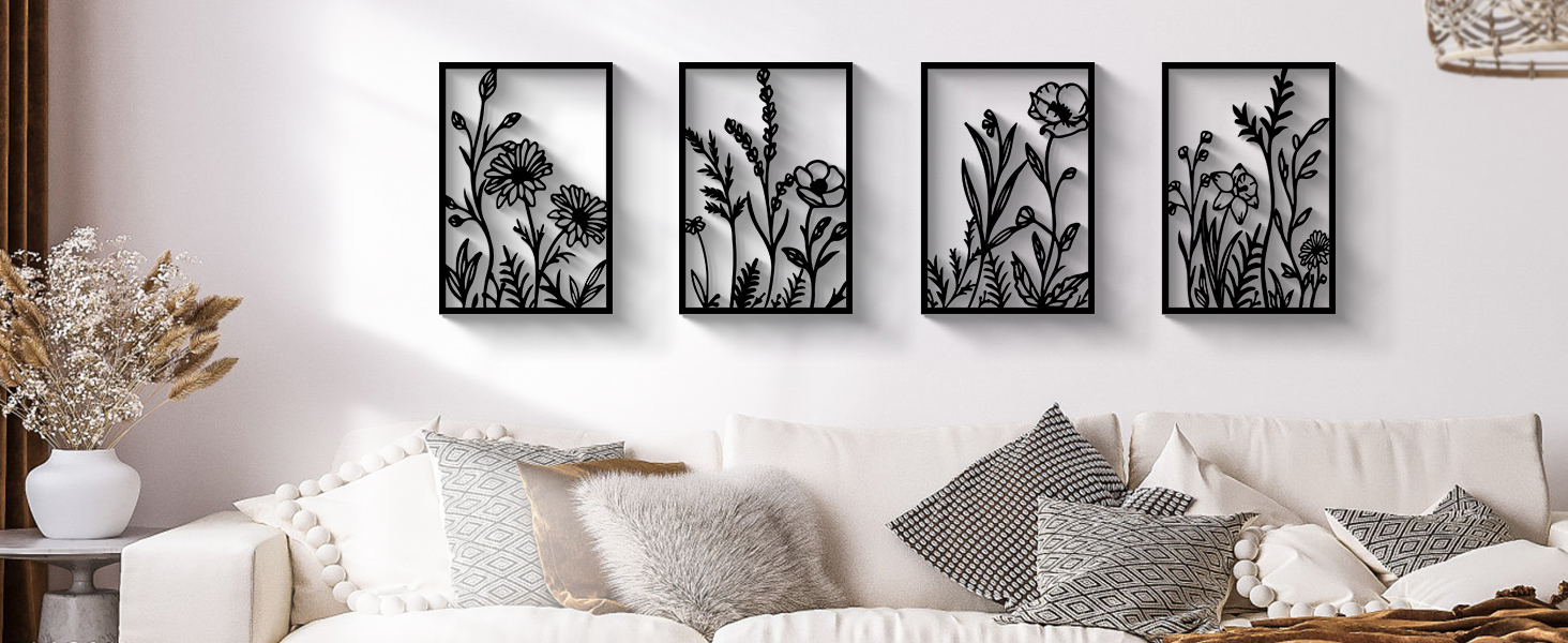 factory direct glamativity 4 pcs black abstract flowers metal wall art, 17 x 12'' minimalist floral single line wall décor, 3d textured sculptures, rustic nature wall art décor for living room, bedroom, study volume discount