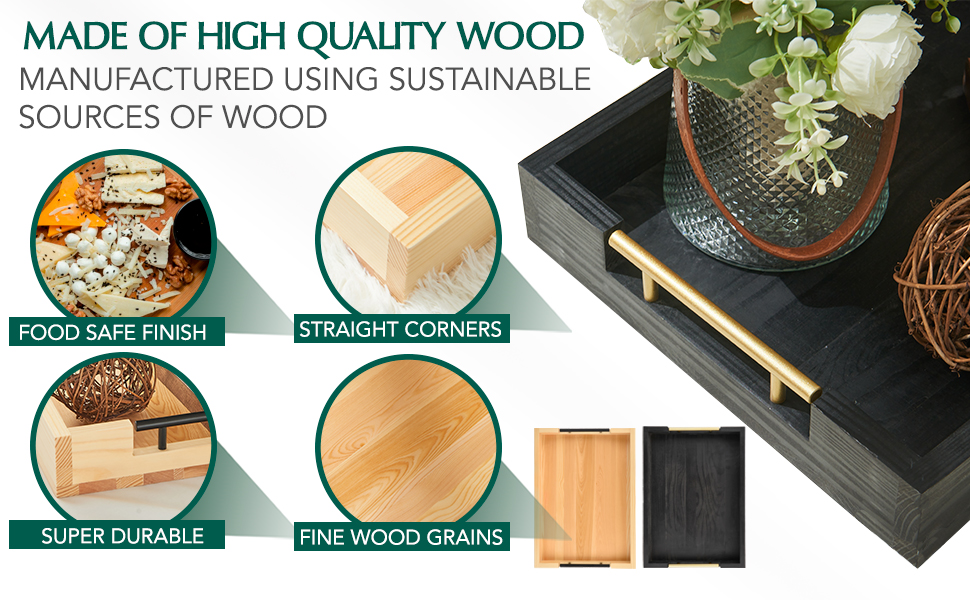 wholesale direct wooden serving tray by tasteful surroundings – ottoman tray - natural wood color with black metal handles - modern decorative trays with metal handles – coffee table tray for living room & bedroom bulk purchase at factory prices