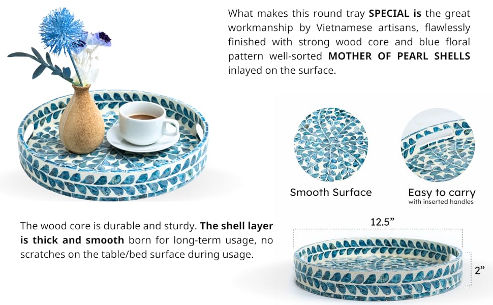 wholesale direct claynix serving tray 12.5 inch, lacquer mother of pearl inlay mosaic tray, round wooden marble tray with handles trays for tea, breakfast (leaf style) bulk purchase at factory prices