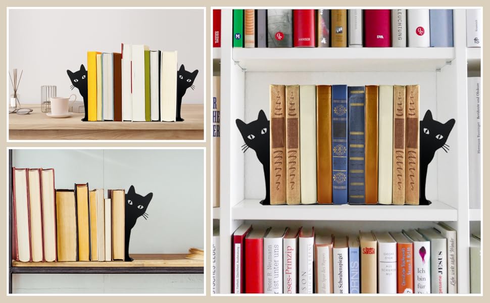 supplier direct ecqizer peeping cat metal bookends cute cat book ends for shelves bookshelf decorative objects home office desk bookshelf decor cat lover gifts for women (black) wholesale prices