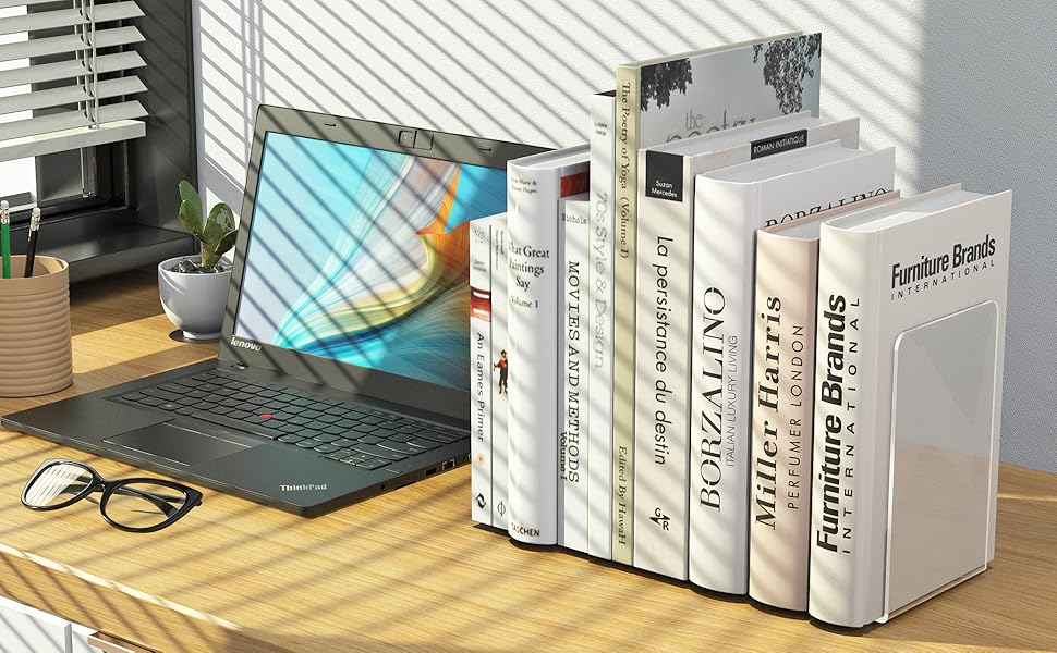 supplier direct acrylic bookends 4 pcs, clear book ends for shelves, transparent bookend organizer, book holder stand decorative, book stoppers for heavy duty books, cd, file, video games wholesale prices