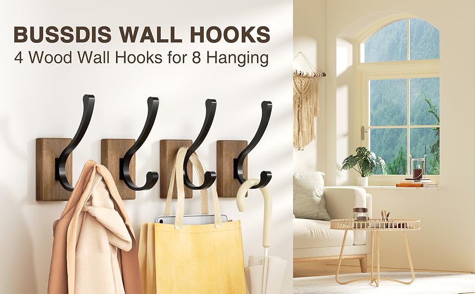 competitive pricing wood wall hooks for hanging - 4 pack hooks wall mounted, wooden rustic farmhouse heavy duty towel hooks, hooks for coats, towel, hat, keys, purse, bag and robe one-stop wholesale