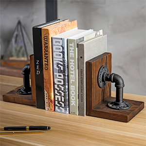 supplier direct mygift rustic brown wood bookends with realistic industrial pipe design, decorative office bookends shelf decor desk book holder l-shaped stand, 1-pair wholesale prices