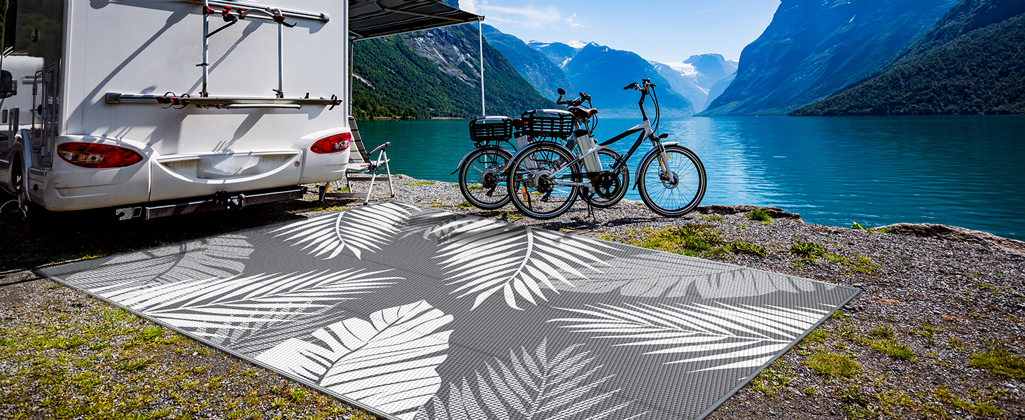 manufacturer direct genimo outdoor rug 5' x 8' waterproof for patios clearance, reversible plastic straw camping carpet, large area rugs mats for rv, picnic, backyard, deck, balcony, porch, beach, grey&white trade price