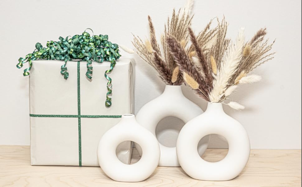 oem/odm services velova set of 3 white ceramic vase with 65 pcs dried pampas grass flowers aesthetic boho modern small round cute vases for decor living room coffee table shelf bedroom office desk home gifts women mom affordable bulk deals