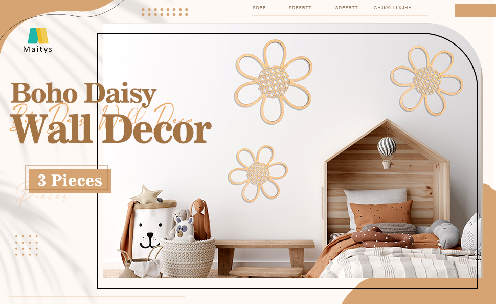bulk purchase maitys 3 pieces boho daisy wall decor natural rattan flower wall hanging art wooden boho nursery flowers wall decor for home nursery(classic color) trade price
