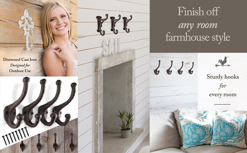 competitive pricing rustic cast iron coat hooks (3 pack) rustic dark brown, wall mounted, farmhouse decorative, heavy duty wall hooks for hanging coats, hats, towels (mounting hardware included) one-stop wholesale