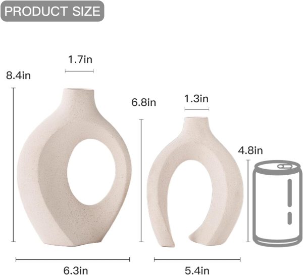 oem/odm services off white hollow ceramic vase set of 2, round modern vase for nordic minimalist book style shelf decor, donut boho aesthetic vases for trendy home living room entryway coffee table decorative affordable bulk deals