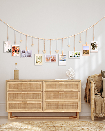 bulk purchase hanging photo display wall decor, 2pcs boho wooden bead garland collage picture frame with 9 wood clips for bedroom, living room, office, dorm decor, photos holder teen girl gifts trade price