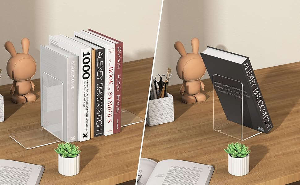 supplier direct acrylic bookends 4 pcs, clear book ends for shelves, transparent bookend organizer, book holder stand decorative, book stoppers for heavy duty books, cd, file, video games wholesale prices