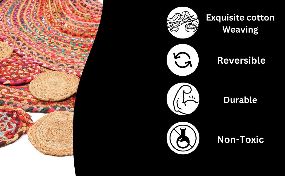 manufacturer direct 4' round handwoven jute chindi area rug - colorful boho rugs for living room - hand braided multicolor bohemian rug for farmhouse, bedroom, dining room, classroom, hallway, kitchen, office trade price
