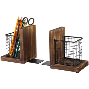 supplier direct mygift rustic burnt wood decorative bookends for heavy books with matte black metal wire basket pencil cup and office supplies storage baskets, 1-pair wholesale prices