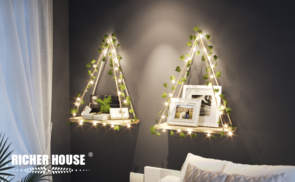 bulk purchase richer house artificial ivy led-strip wall hanging shelves set of 2, macrame shelf for bedroom bathroom living room kitchen, wood hanging plant shelves for wall décor trade price