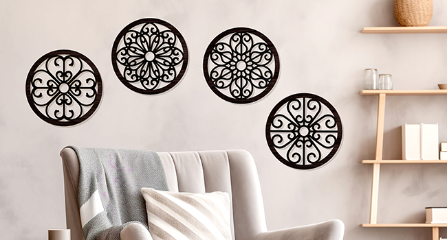 bulk purchase zzbakress 4 pcs wooden grainy rustic wall art farmhouse wall decor wooden exquisite hollow pattern wall decor elegant round wall art for living room dinner room kitchen bedroom hallway (black, rustic) trade price