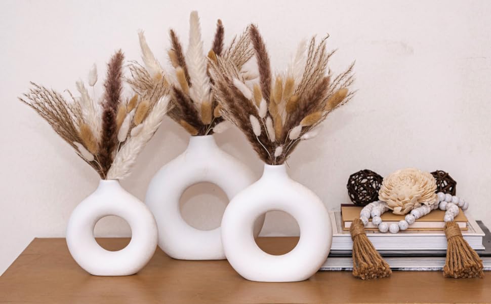 oem/odm services velova set of 3 white ceramic vase with 65 pcs dried pampas grass flowers aesthetic boho modern small round cute vases for decor living room coffee table shelf bedroom office desk home gifts women mom affordable bulk deals