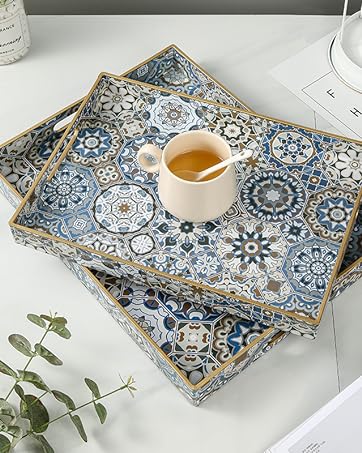 wholesale direct 2 pcs serving tray with handles bohemian decorative tray large ottoman tray for living room blue coffee table tray bulk purchase at factory prices