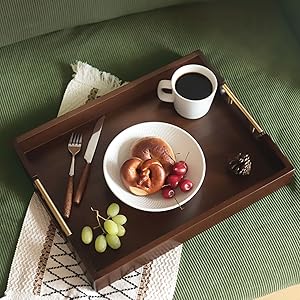 wholesale direct joy&grace acacia wooden serving tray with metal handles 16.8 x 12.8 inch ottoman tray for living room coffee table large wood decorative tray color brown bulk purchase at factory prices