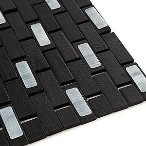manufacturer direct bamboo bath mat - black coated, stain proof [16x24-inch wxl - bathroom floor, tub step, spa, sauna mat - great under pad for rugs, air flow, quick dry - foldable bathmat trade price