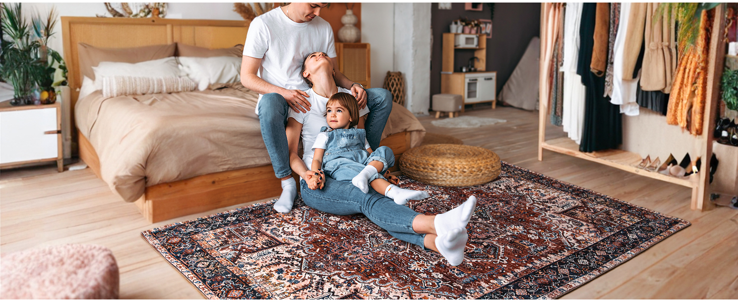 global sourcing iseau indoor entryway 2x3 vintage rug - small machine washable area rug with non-slip backing, low pile throw rugs for door, entrance, kids room, bedside, bedroom, kitchen oem/odm services