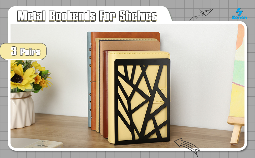 supplier direct sayglossy 3 pairs metal bookends for shelves decorative tree book holder leaf bookends geometrical art design book stopper for book divider holder home office (black,geometrical) wholesale prices