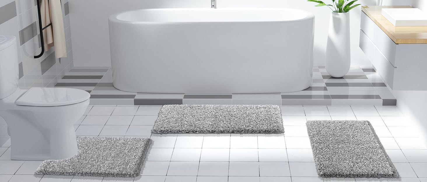 global sourcing yimobra bathroom rugs non slip washable 24x17, ultra soft and water absorbent bath mats, plush fluffy shower mat outside, microfiber thick matts for bathroom floor/sink, light gray and white oem/odm services