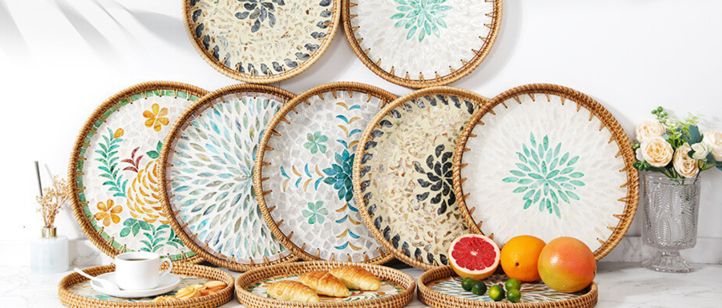 wholesale direct rattan serving tray with mother of pearl, round coffee table tray decor, round wicker tray, boho decorative tray, woven tray (lucky flower, 12 inch) bulk purchase at factory prices
