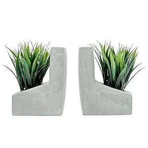supplier direct mygift modern gray concrete l-shaped bookends for heavy books with artificial green grass plants, decorative heavy duty book stands for office desktop or bookshelf, 1 pair wholesale prices