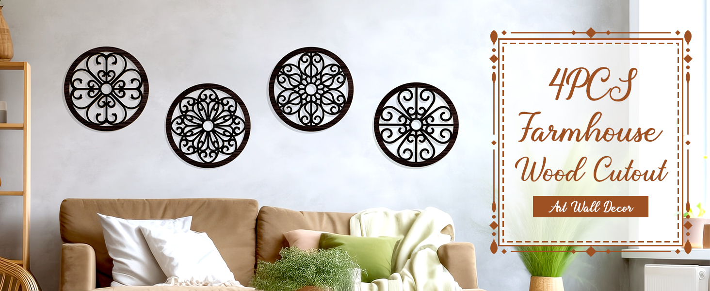 bulk purchase zzbakress 4 pcs wooden grainy rustic wall art farmhouse wall decor wooden exquisite hollow pattern wall decor elegant round wall art for living room dinner room kitchen bedroom hallway (black, rustic) trade price