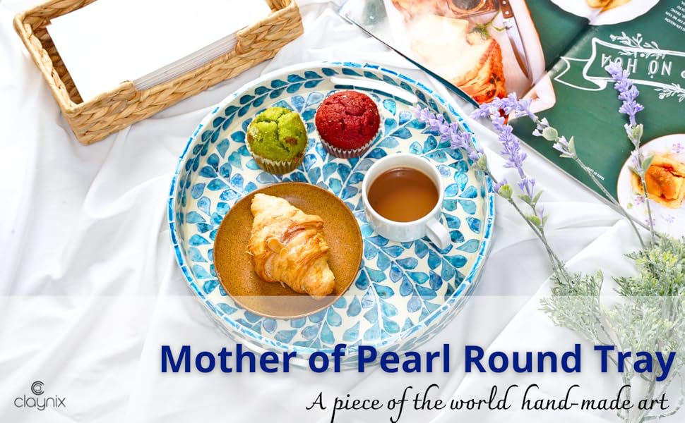 wholesale direct claynix serving tray 12.5 inch, lacquer mother of pearl inlay mosaic tray, round wooden marble tray with handles trays for tea, breakfast (leaf style) bulk purchase at factory prices