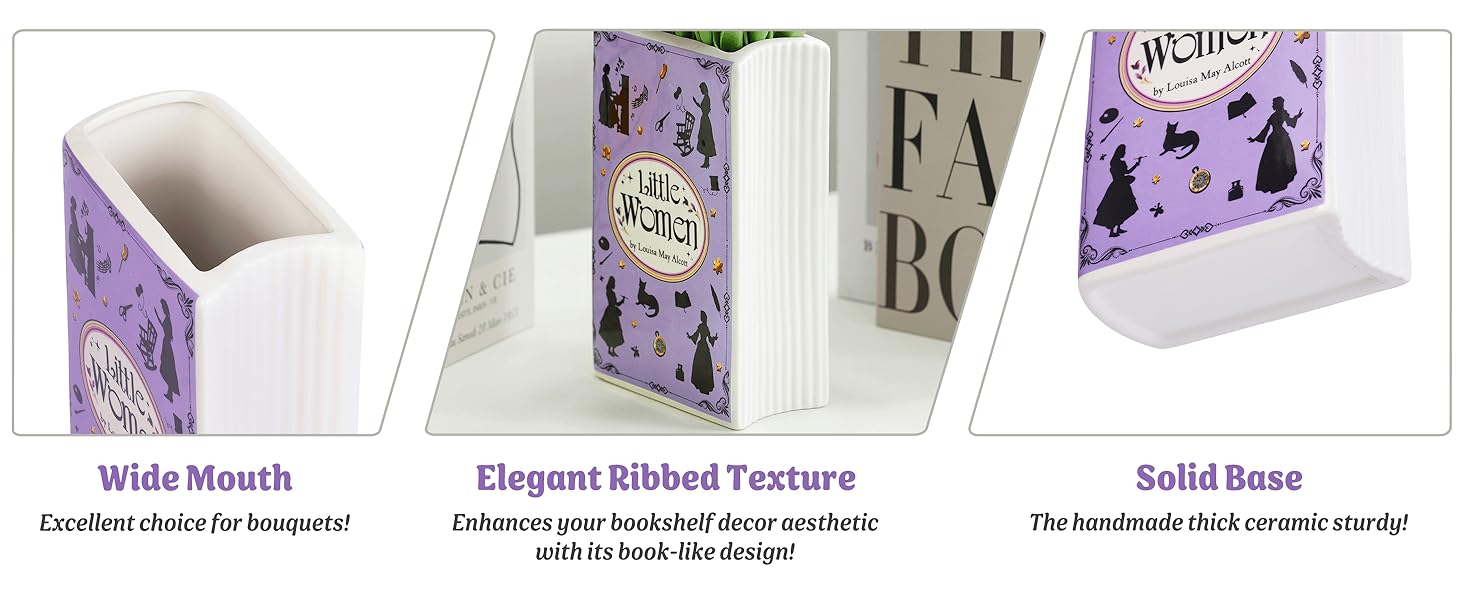 oem/odm services handmade book shaped flower vase, book lovers gifts, book shelf decor aesthetic, large ceramic utensil holder for kitchen counter, home kitchen decor, planter pot library decor (little women) affordable bulk deals