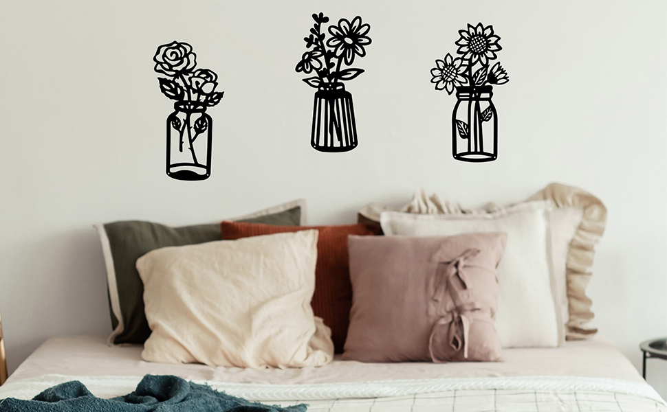 factory direct 3 pieces sunflower roses daisy black metal flowers wall decor metal vase wall art metal wall sculptures hanging for indoor kitchen bathroom bedroom living room,14.56x7.87 inches volume discount