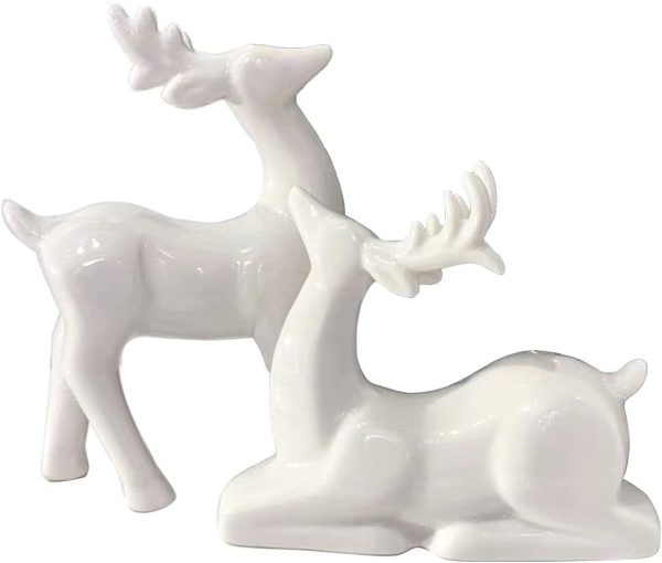 dropship from factory porcelain christmas reindeer figurines, pack 2 mini animal reindeer decor deer statues sculpture tabletop ornaments for cabinet mantel shelves fireplace home décor accents collectible figurines mass production supply