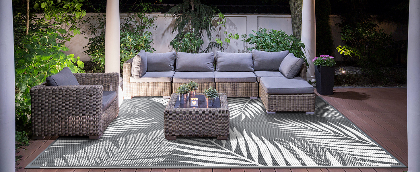 manufacturer direct genimo outdoor rug 5' x 8' waterproof for patios clearance, reversible plastic straw camping carpet, large area rugs mats for rv, picnic, backyard, deck, balcony, porch, beach, grey&white trade price