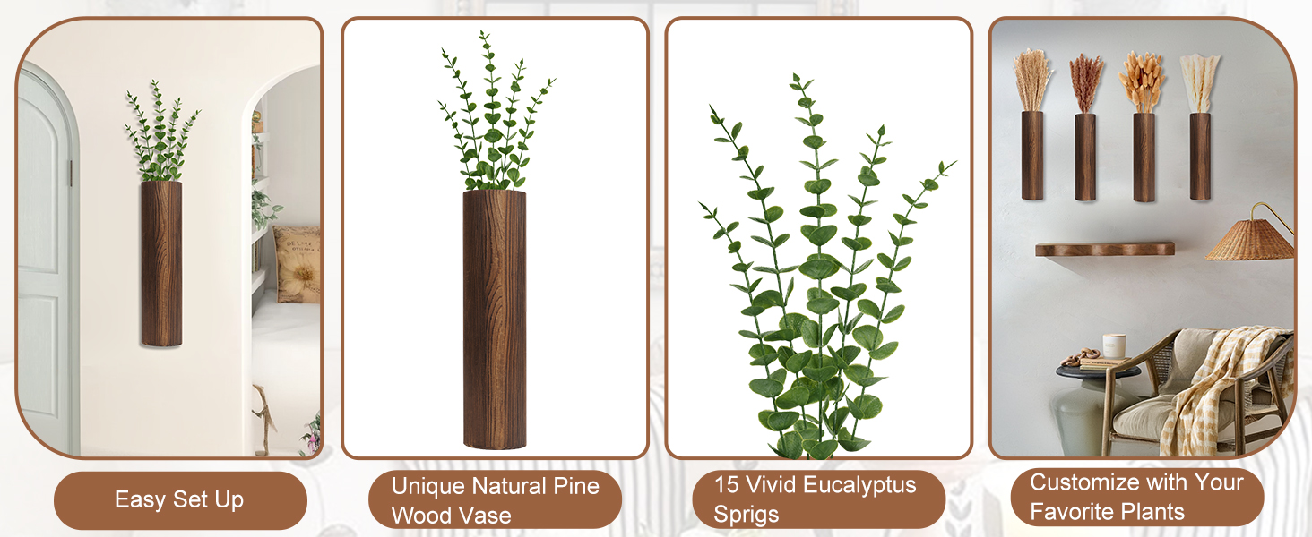bulk purchase 4 pack wood wall planter with artificial eucalyptus, modern wall decor for living room bedroom bathroom entryway, farmhouse boho wall vases for dried flowers and faux plants trade price