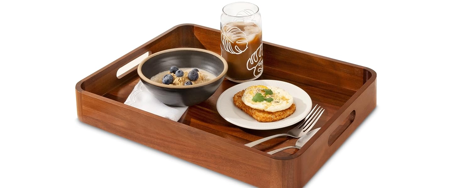 wholesale direct acacia wooden serving trays with handles for eating, appetizers, food, snacks, or home decor, large wood bed tray or tv tray, decorative ottoman or coffee table accessory, 17x13 inch, set of 1 bulk purchase at factory prices