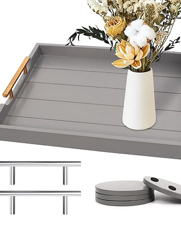 wholesale direct coffee table tray - large ottoman tray for living room - wood serving tray with handles(2 sets) - wooden tray for coffee table, 4 round coasters included, white bulk purchase at factory prices