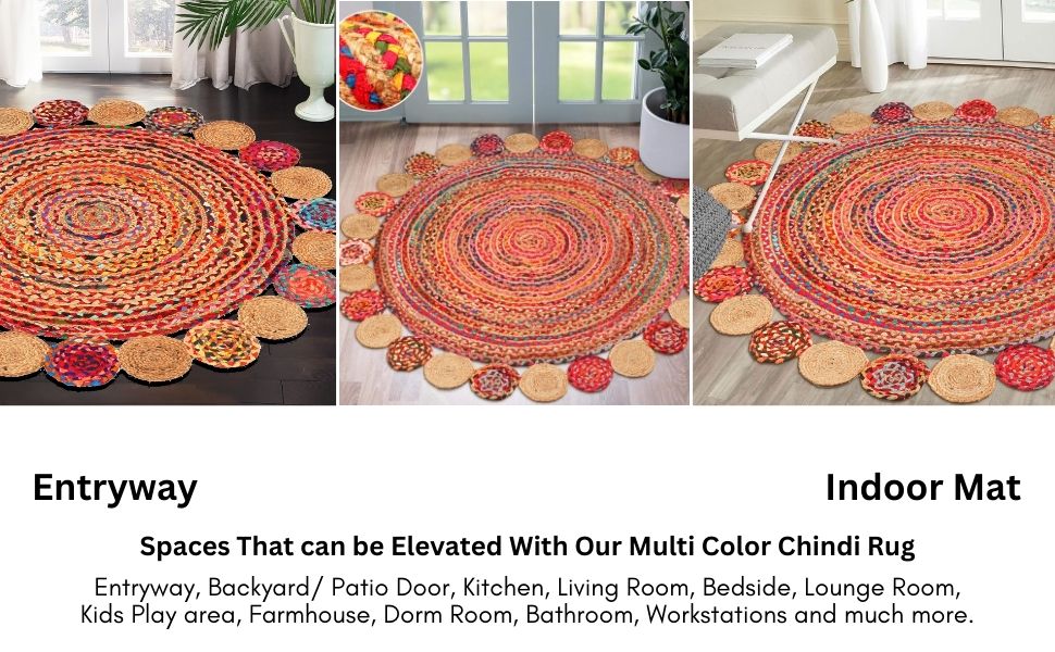 manufacturer direct 4' round handwoven jute chindi area rug - colorful boho rugs for living room - hand braided multicolor bohemian rug for farmhouse, bedroom, dining room, classroom, hallway, kitchen, office trade price
