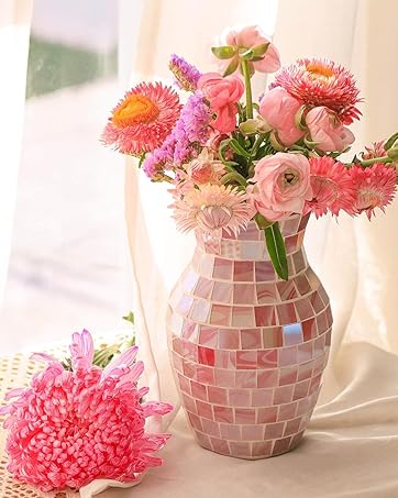 oem/odm services pink flower vase for decor - pink mosaic glass vase handmade modern decorative flower vases for home décor,table,shelf bookshelf, wedding banquet and centerpieces affordable bulk deals