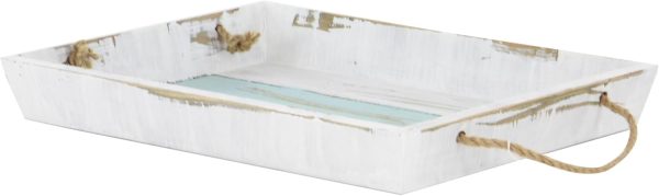 wholesale direct deco 79 wood living room decor tray distressed ottoman tray with blue stripes and jute handles, set of 2 serving tray 18", 15"w, white bulk purchase at factory prices