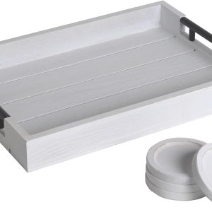 wholesale direct white wood serving tray farmhouse decorative ottoman trays with 4 round coasters coffee table tray living room tray with handles for eating breakfast in bed white bulk purchase at factory prices