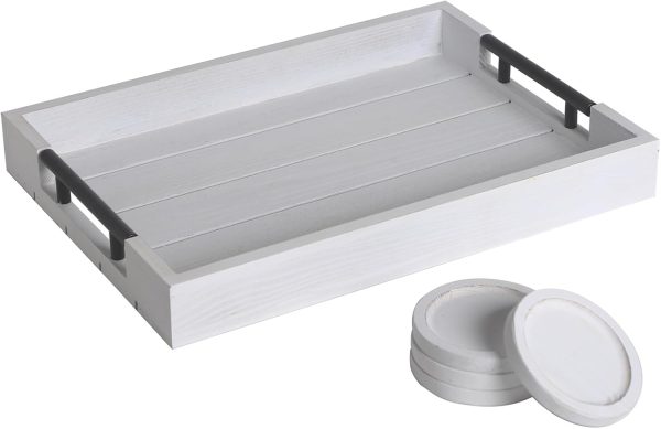 wholesale direct white wood serving tray farmhouse decorative ottoman trays with 4 round coasters coffee table tray living room tray with handles for eating breakfast in bed white bulk purchase at factory prices