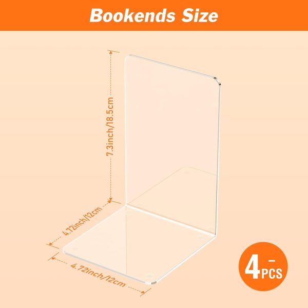 supplier direct acrylic bookends 4 pcs, clear book ends for shelves, transparent bookend organizer, book holder stand decorative, book stoppers for heavy duty books, cd, file, video games wholesale prices