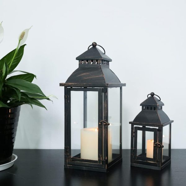 custom wholesale needomo lanterns decorative outdoor&indoor, set of 2 large bronze metal lantern decor with glass, candle holder for porch, patio, garden, balcony, wedding, table centerpiece decorations oem/odm services