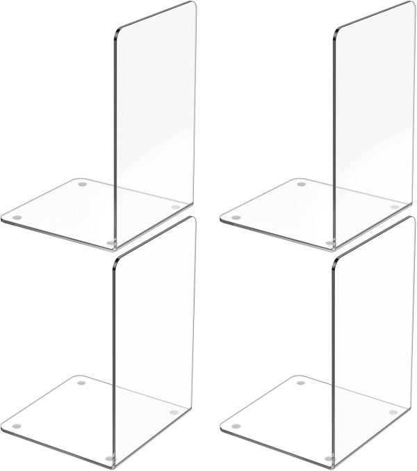 supplier direct acrylic bookends 4 pcs, clear book ends for shelves, transparent bookend organizer, book holder stand decorative, book stoppers for heavy duty books, cd, file, video games wholesale prices