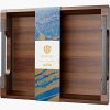 wholesale direct acacia wood serving tray with metal handles, 17x13in food drinks tray for coffee table, breakfast, dinner & bar, rustic decorative storage tray for ottoman, kitchen, bedroom gift packaging bulk purchase at factory prices