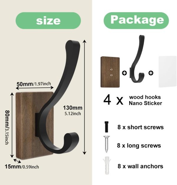 competitive pricing wood wall hooks for hanging - 4 pack hooks wall mounted, wooden rustic farmhouse heavy duty towel hooks, hooks for coats, towel, hat, keys, purse, bag and robe one-stop wholesale