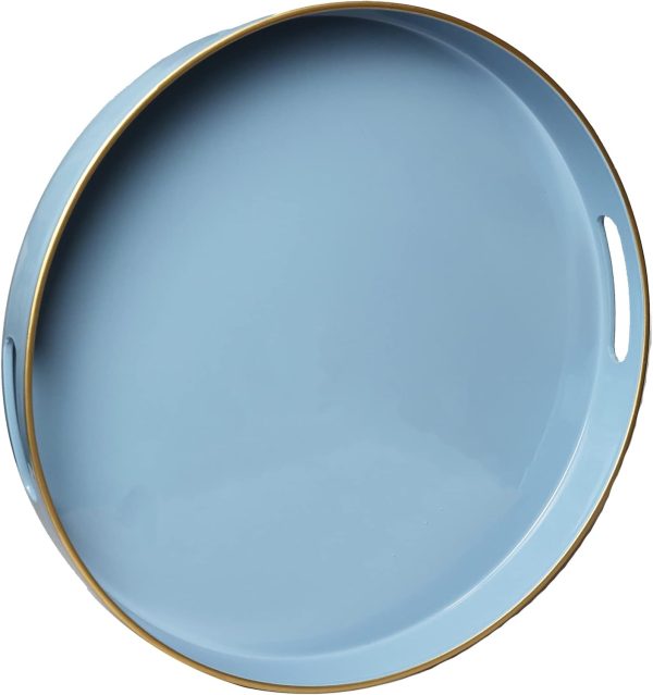 wholesale direct spsyrine round blue decorative tray, 13" plastic serving table tray with handles for breakfast, round modern ottoman tray for coffee table, bathroom, kitchen, living room bulk purchase at factory prices