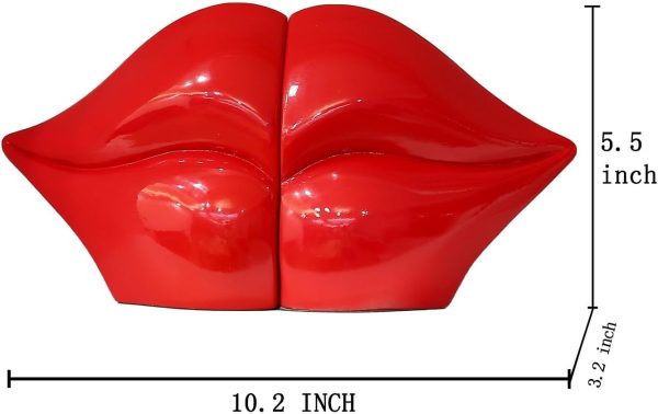 supplier direct red lips decorated bookends，set of 2 heavy decorative book stoppers，unique resin decoration，creative desktop red decor for study room hotel office shelves wholesale prices
