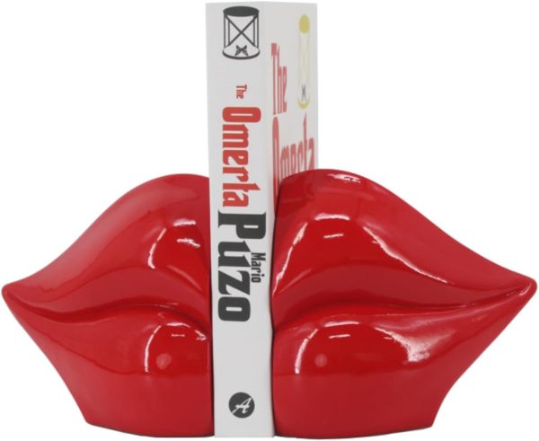 supplier direct red lips decorated bookends，set of 2 heavy decorative book stoppers，unique resin decoration，creative desktop red decor for study room hotel office shelves wholesale prices